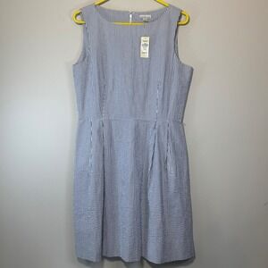 NWT LL Bean Signature Blue White Seersucker Dress Women's 12 Reg Sleeveless SEE